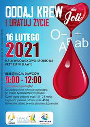 Plakat informujący o akcji oddawania krwi 16 lutego